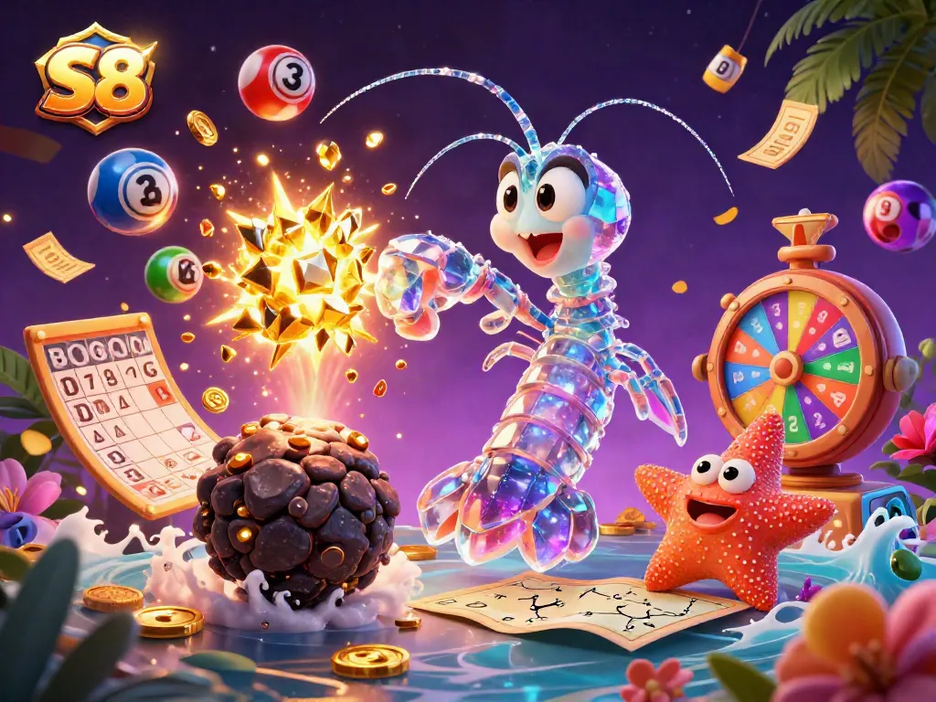 S8 players enjoy a vibrant casino scene with a galactic mantis shrimp and starfish amidst gold coins and lottery balls.