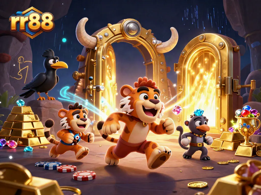 Engage in thrilling games at rr88 with a vibrant prehistoric casino scene, showcasing unique characters and treasures.