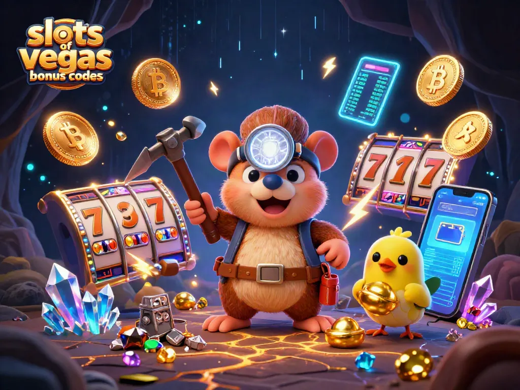 Engage with slots of vegas bonus codes in a vibrant casino illustration filled with mining treasures.