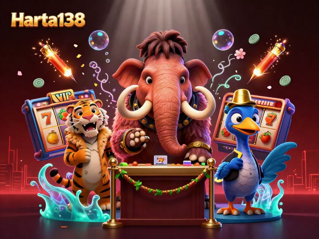 Harta138 menghadirkan ilustrasi kasino 3D dengan karakter mammoth berbulu, harimau sabertooth, dan burung dodo dalam suasana slot yang meriah.