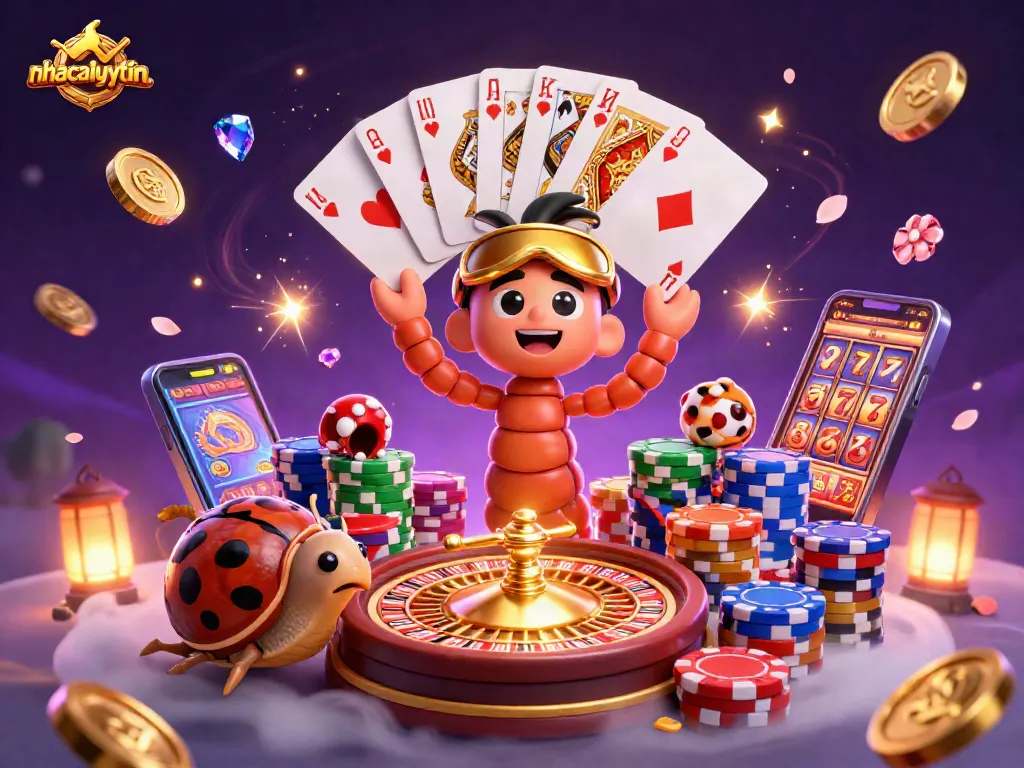 Engage with exciting casino action as nhacaiuytin features a dynamic 3D scene filled with vibrant characters and gaming elements.