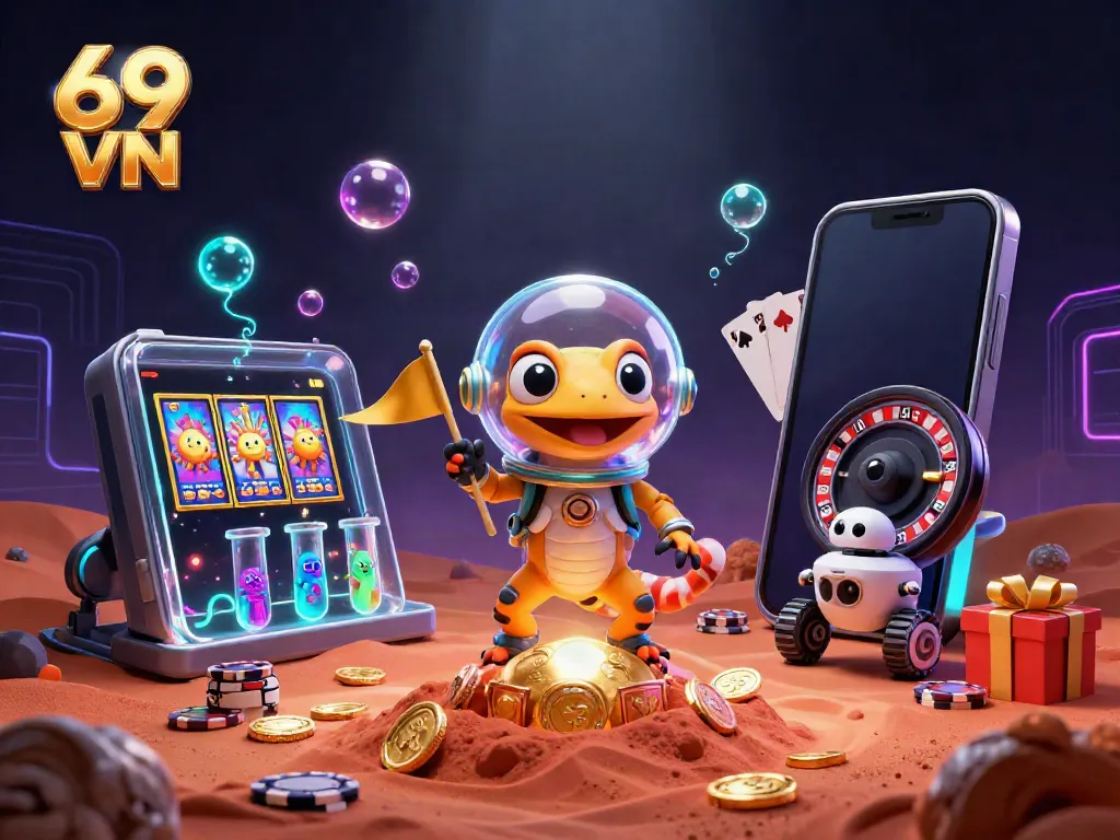 Engage with thrilling slot experience at 69 VN, featuring dynamic golden casino visuals and alien adventures.