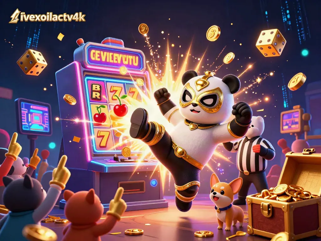 Experience livexoilactv4k with an action-packed 3D illustration of a wrestling panda, a counting chihuahua referee, and dynamic casino elements.
