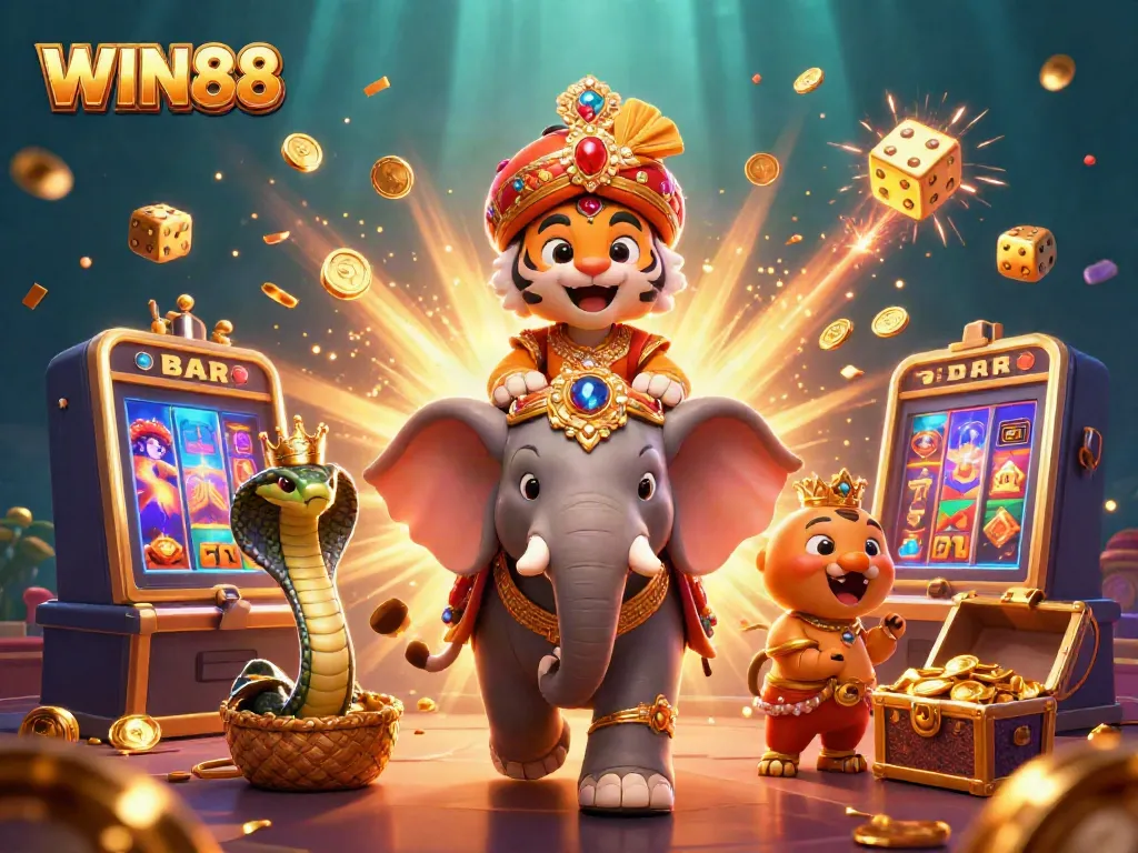 Experience thrilling wins with the WIN88 jackpot explosion and colorful casino elements in an enchanting scene.