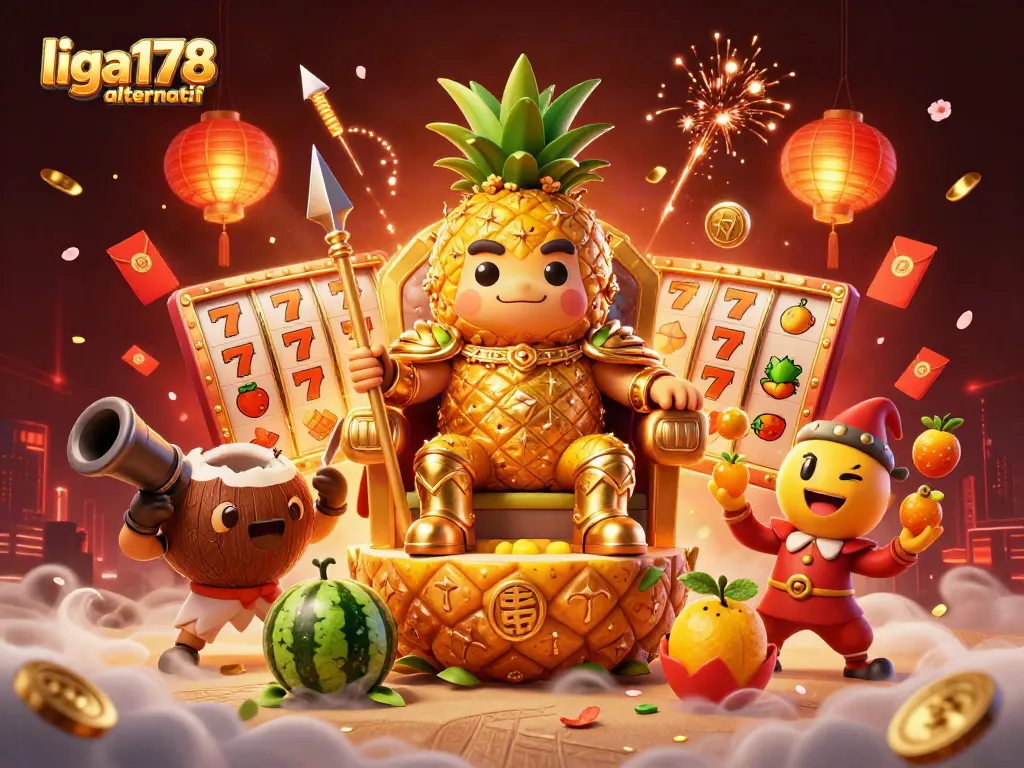 Gamer beraksi di liga178 alternatif dengan slot, sambil dikelilingi karakter menarik.
