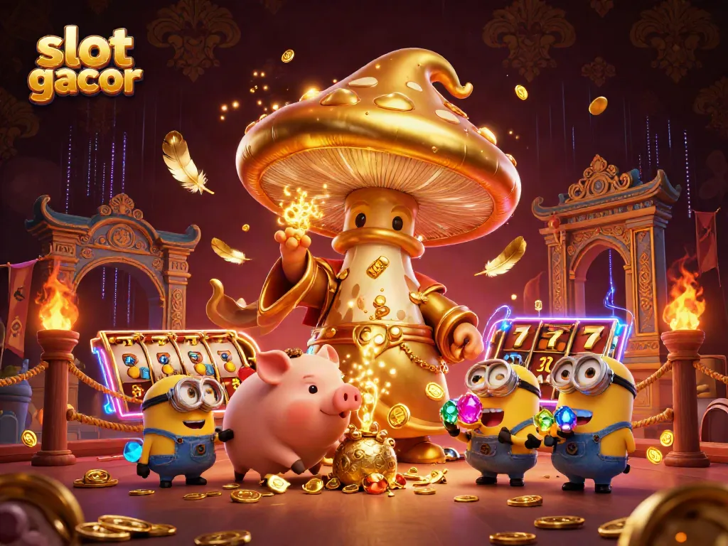 Slot gacor menghadirkan ilustrasi si penyihir jamur emas dan harta karun berkilau di kasino.