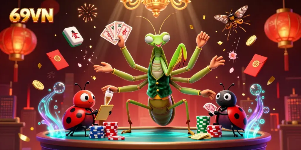 Experience the excitement of casino gaming with 69VN as a giant mantis deals cards amidst vibrant symbols of fortune.