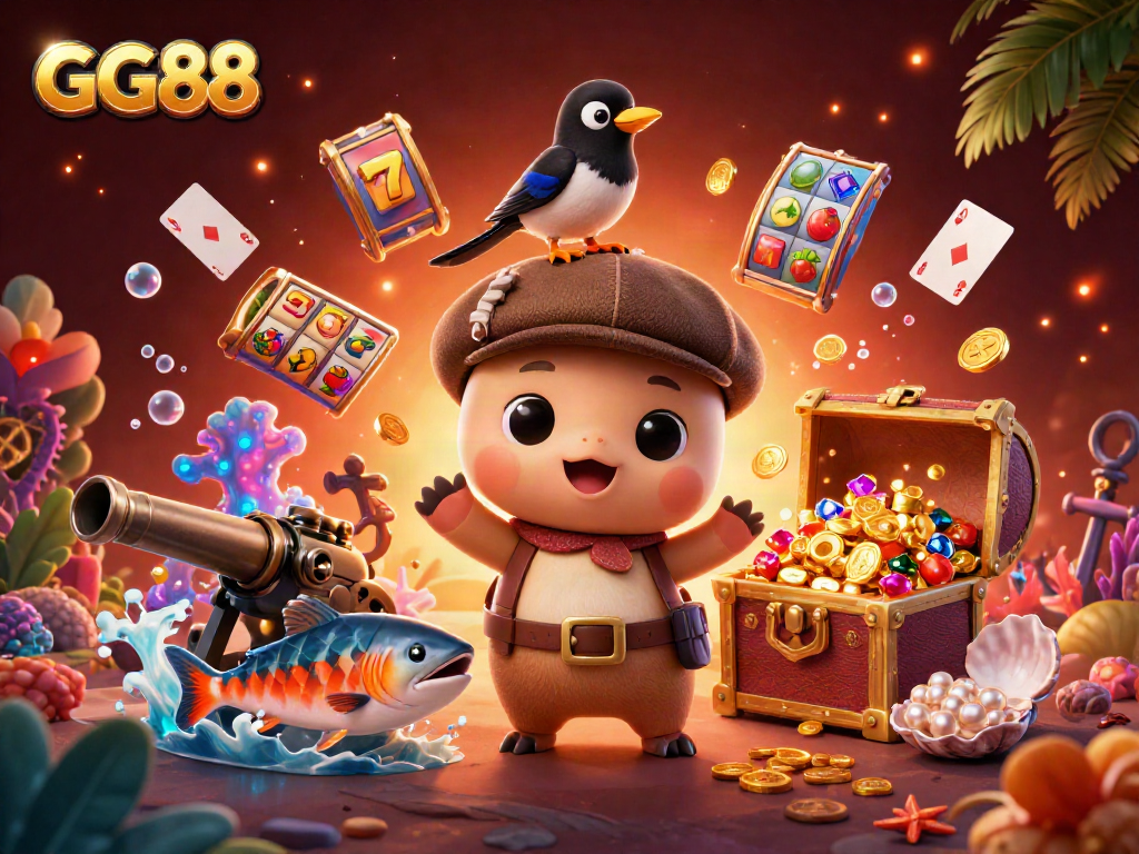 Engage with GG88's vibrant slots experience in this colorful and whimsical 3D illustration.