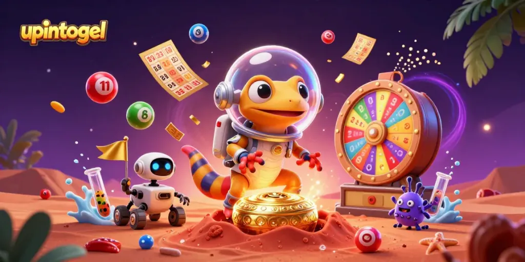 Mengalami kegembiraan di upintogel dengan karakter alien ceria dan bola lotere berwarna-warni.