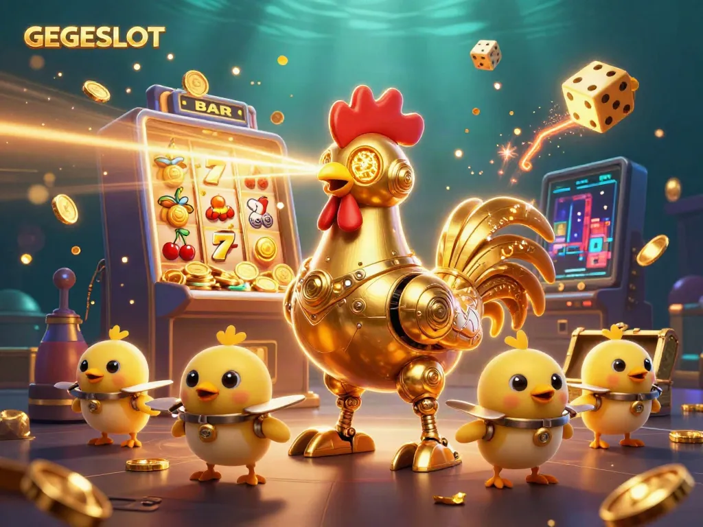 Experience GEGESLOT's vibrant casino scene with a golden rooster robot and a jackpot explosion.