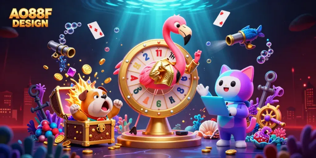 Engaging 3D illustration of AO88F DESIGN showcasing a vibrant game show scene with animated characters and casino elements.