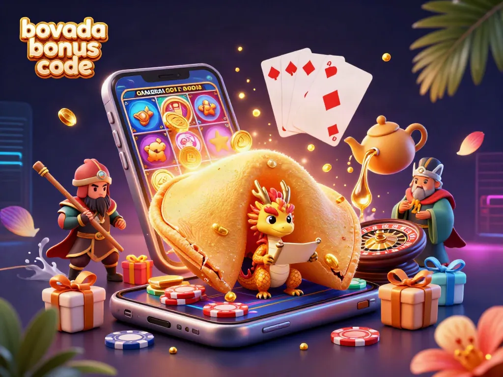 Engage with the mesmerizing Bovada bonus code scene featuring a golden fortune cookie, lively gaming elements, and rich details.