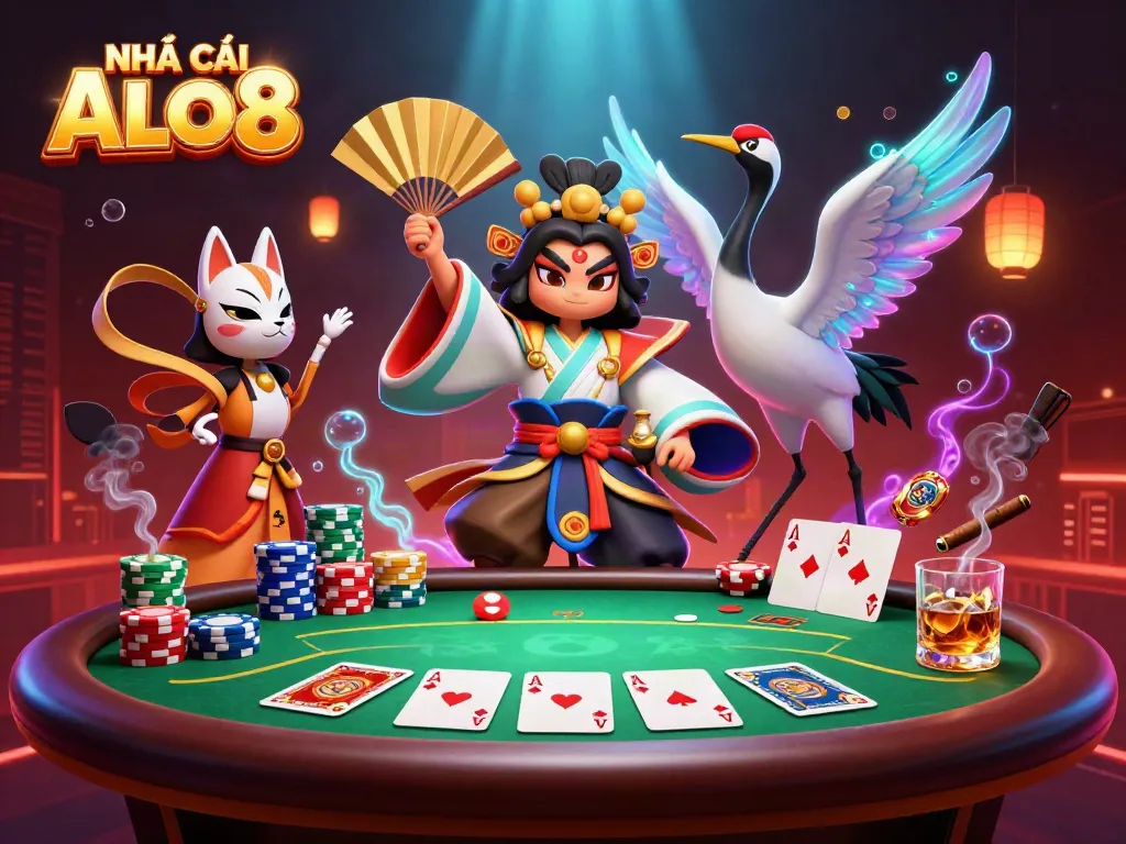 Engaging illustration showcasing NHÀ CÁI ALO8 with kabuki warrior and vibrant poker elements, capturing casino excitement.