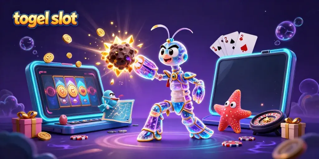 Menangkan hadiah dalam togel slot dengan karakter unik di latar belakang gemerlap.