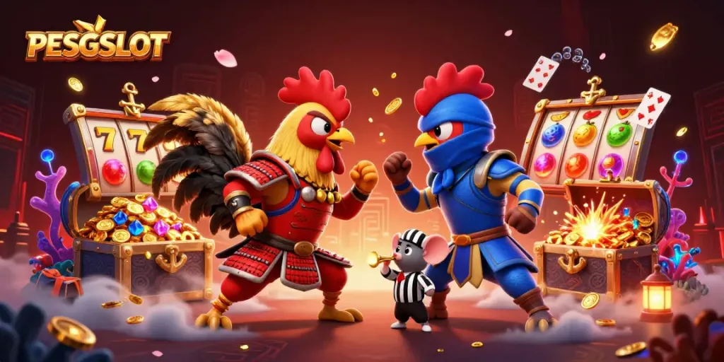 PESGSLOT showcases a thrilling clash of twin roosters in a dynamic gambling scene filled with slot reels and treasures.