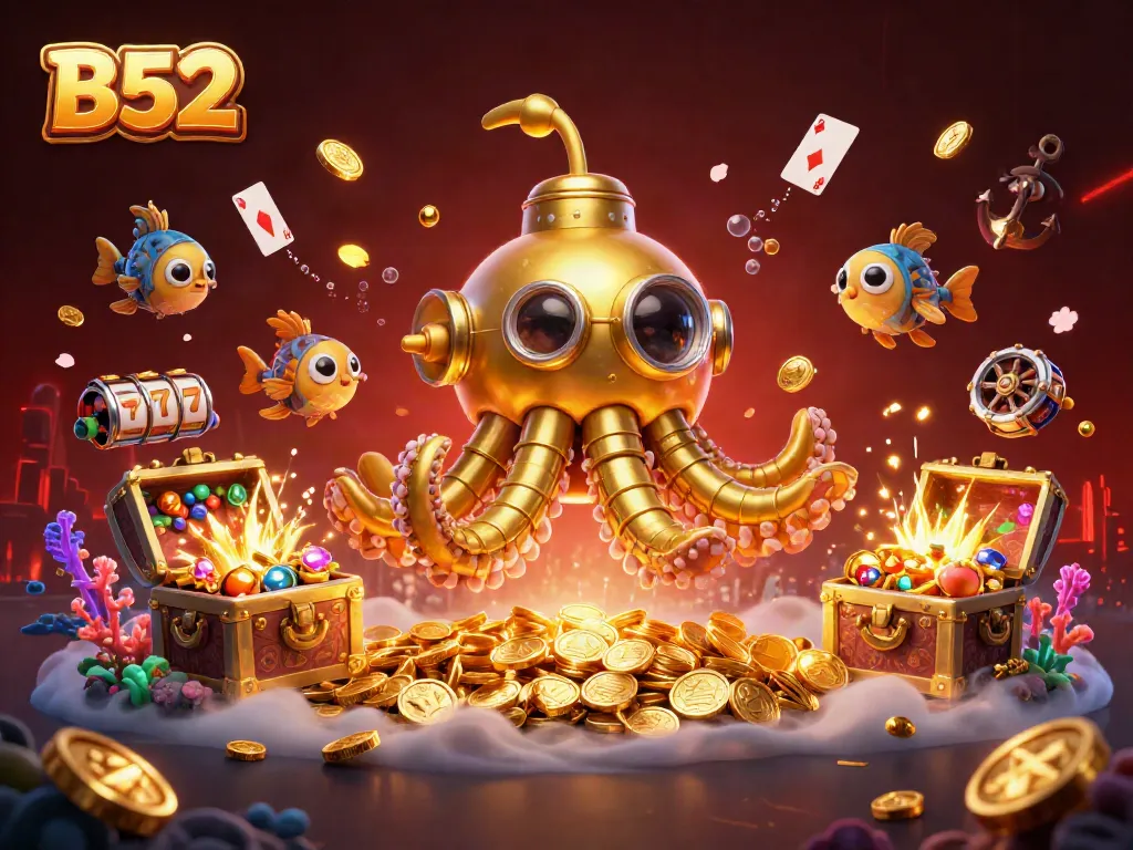 B52 slots scene featuring a golden kraken submarine with coins and jackpot elements.