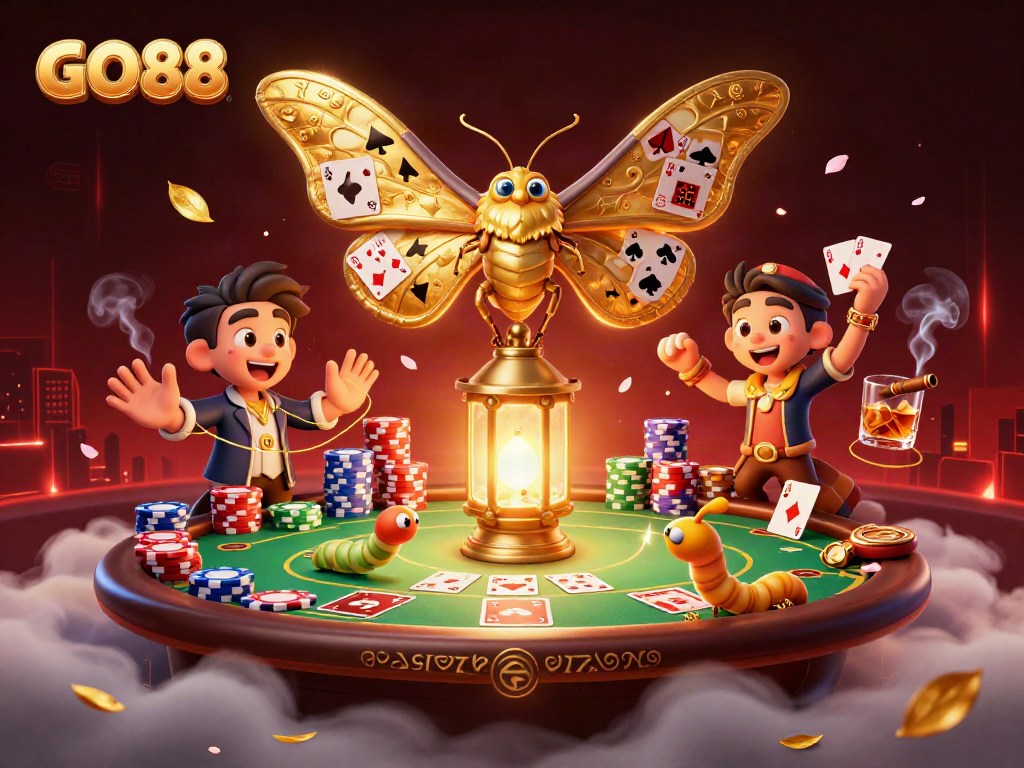 Engage in thrilling casino gameplay with GO88 featuring vibrant scenes of poker action.