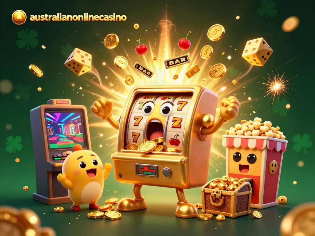 A golden slot machine celebrates a jackpot at australianonlinecasino while smaller machines cheer, surrounded by casino elements.