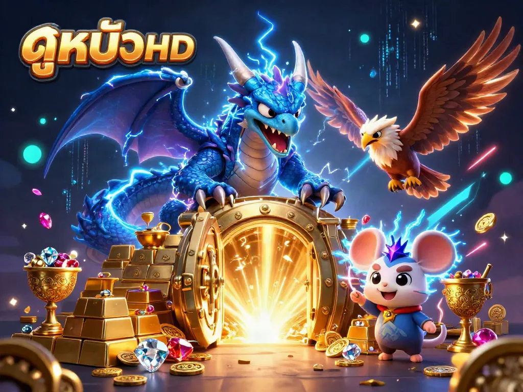 Experience thrilling ดูหนังHD with a vibrant illustration of a thunder dragon and dynamic casino elements.