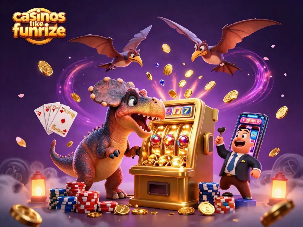 Experience fun wins at casinos like Funrize with dynamic slot gameplay, pteranodon catching coins.