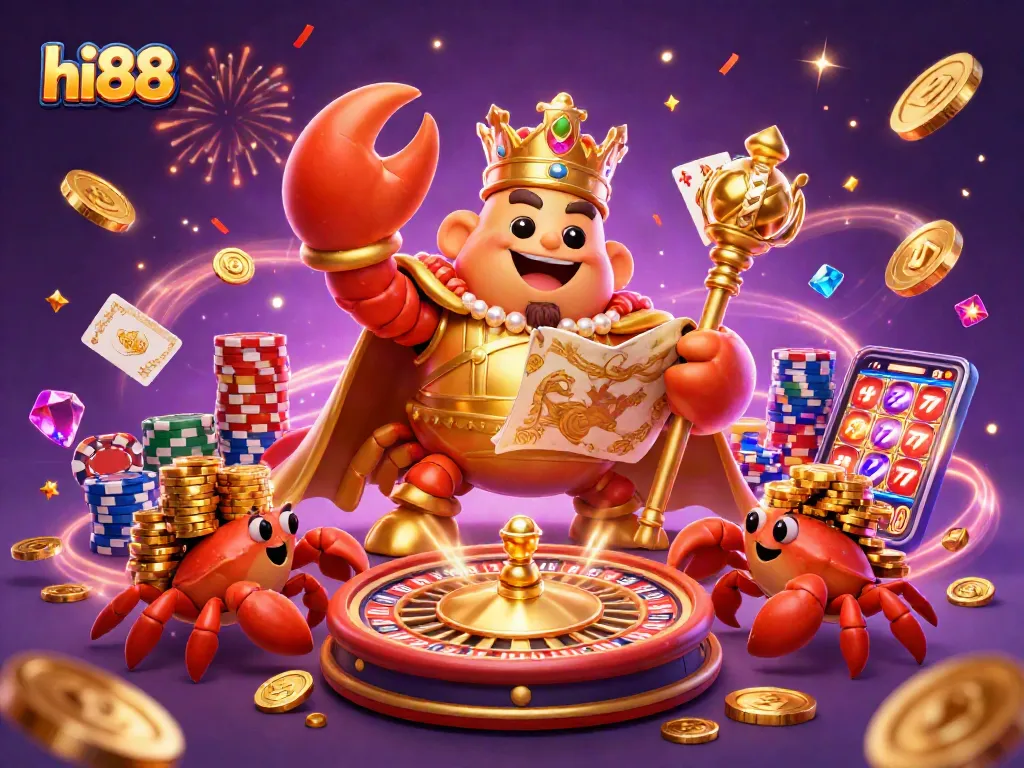 Experience excitement with hi88 as the golden crab emperor leads a vibrant casino adventure.
