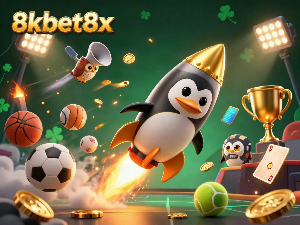 Engage with 8xbet8x's thrilling betting world as a golden penguin embarks on a cosmic casino adventure.