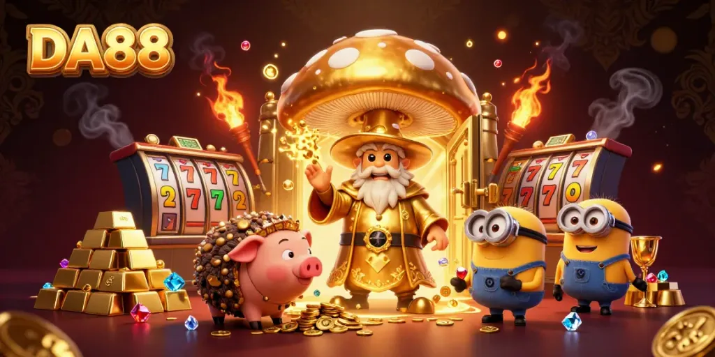 Experience DA88's enchanting casino world with a magical wizard and treasure-filled scene.