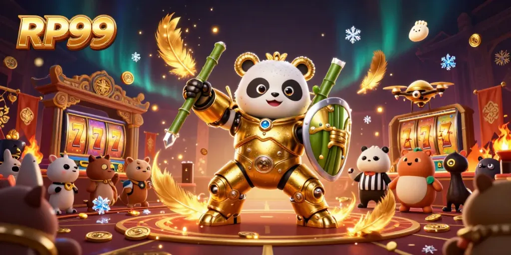 Experience thrilling casino action with RP99 featuring a golden panda in dynamic combat.