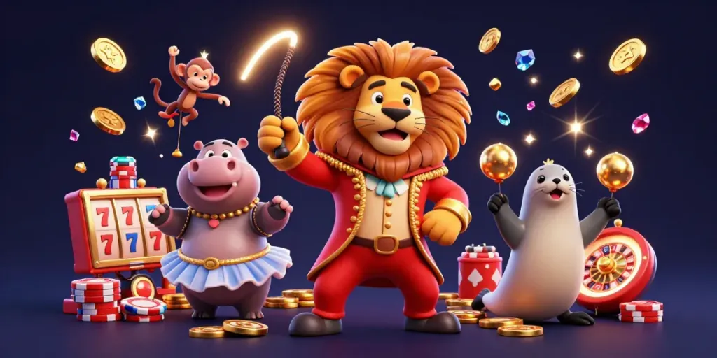 Experience the excitement of Onbet with lively characters and dynamic casino elements in this vibrant illustration.