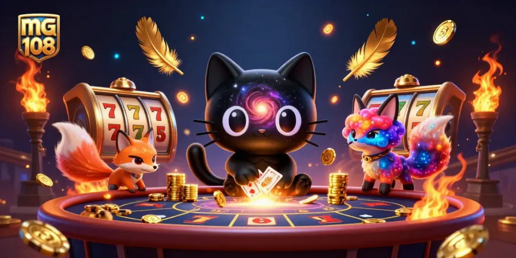 Menangkan chip emas di kasino dengan mg 108, bersama kucing lubang hitam dan rubah nebula yang berwarna-warni.