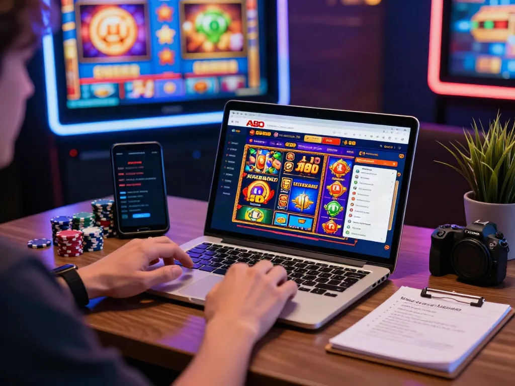 A person exploring the A80 slot information platform on a laptop, surrounded by casino elements, enhancing online gaming experience.