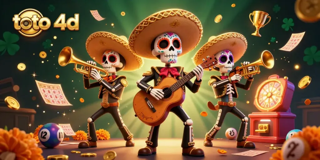 Berpartisipasi dalam permainan toto 4d, ilustrasi kartu bingo dan bola bernomor dikelilingi karakter mariachi Hari Orang Mati.