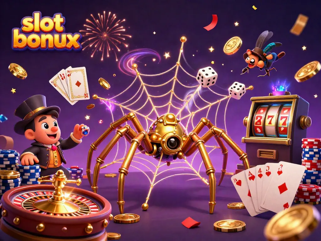 Watch out for lucky spins with this dynamic slot bonus illustration featuring a steampunk spider and countless treasures.