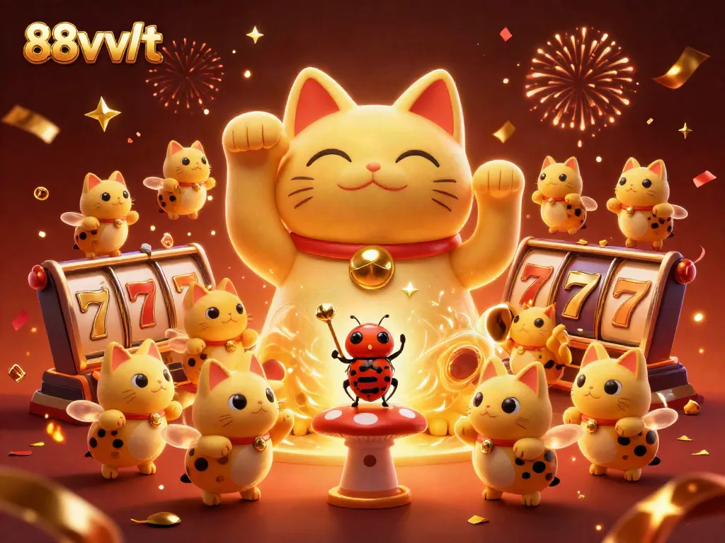 Engage in thrilling gameplay with 88vvvvt's vibrant lucky cat and dynamic casino symbols.