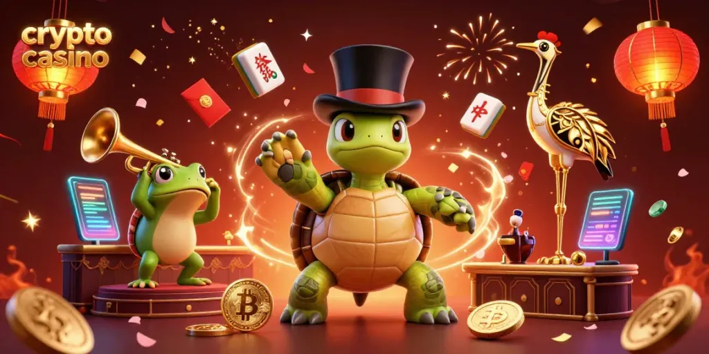 Engage in exciting gaming at the crypto casino with a turtle and frog characters amidst festive decorations.