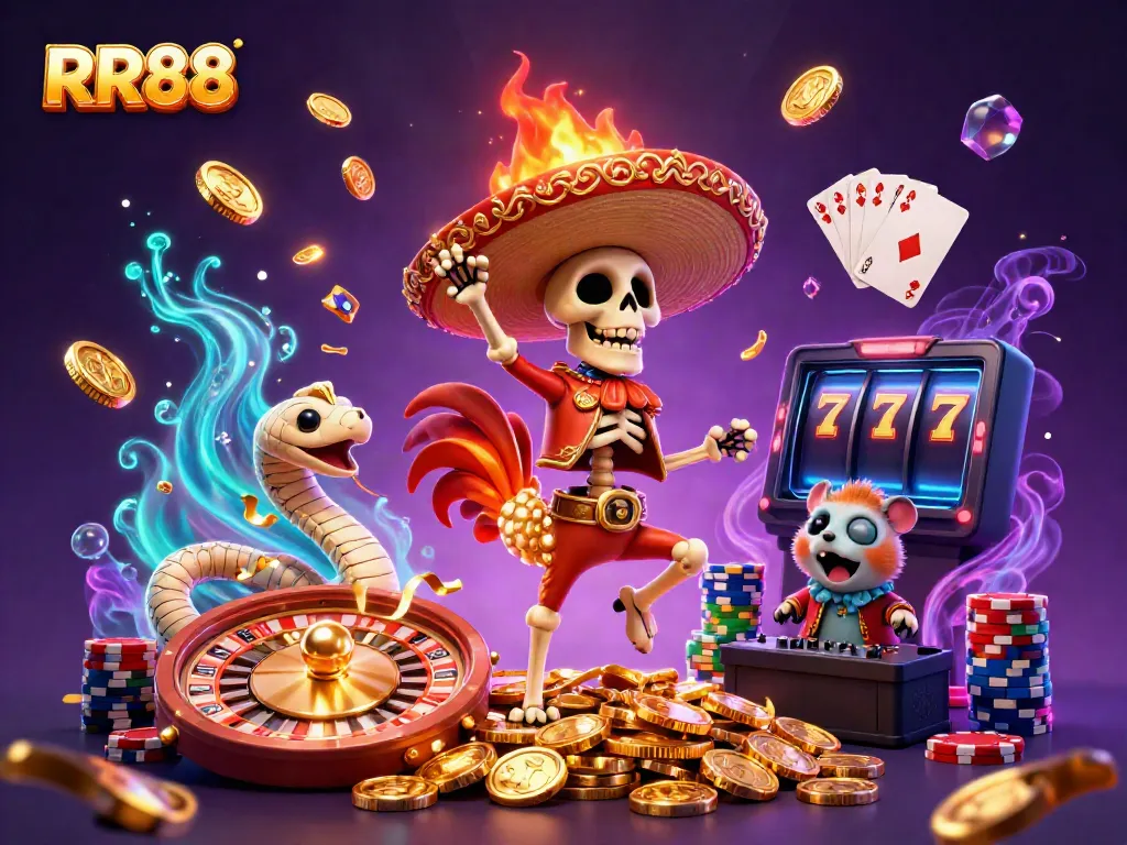 Experience thrilling victories at RR88 as a lively mariachi rooster, a mummy snake, and a DJ hamster shine amidst golden coins.