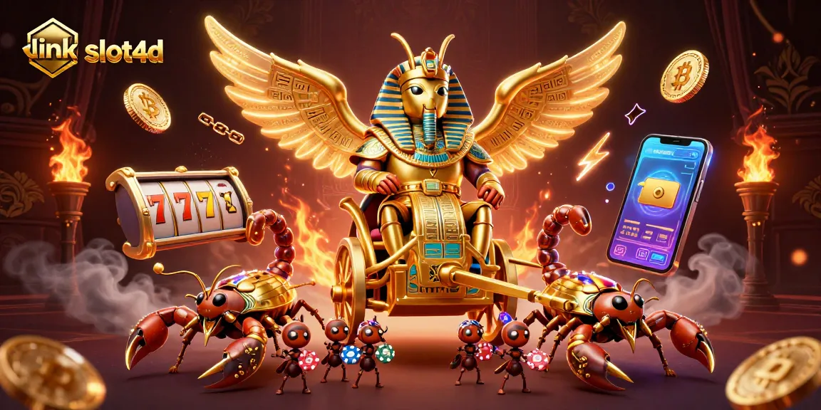 Permainan menarik dari link slot4d menggunakan scarab emas dengan simbol jackpot dan koin crypto.