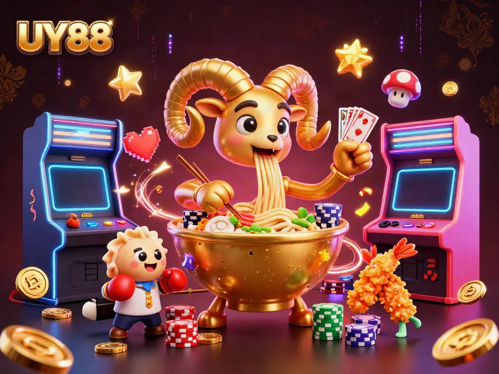 Engage with UY88 as the colorful casino scene bursts with lively characters and gaming elements.