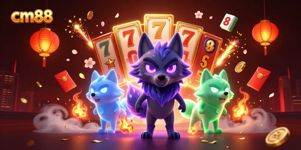 Experience thrilling slots at cm88 with vibrant characters, glowing elements, and casinoscape.