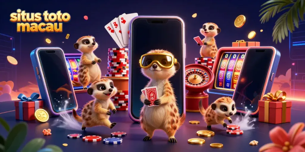 Mengakses situs toto macau dengan permainan kasino yang menarik dalam ilustrasi kartun 3D penuh warna.