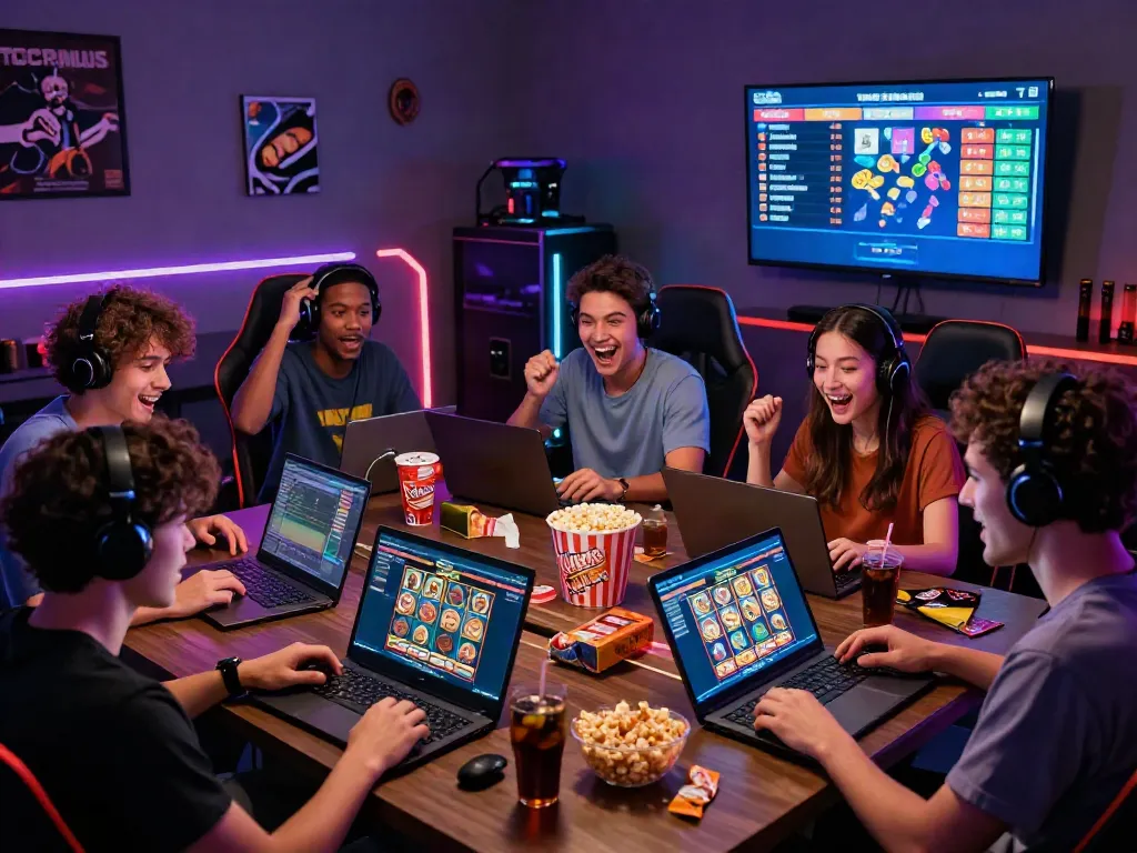 Friends enjoying an interactive online slot demo game session with laptops and snacks.