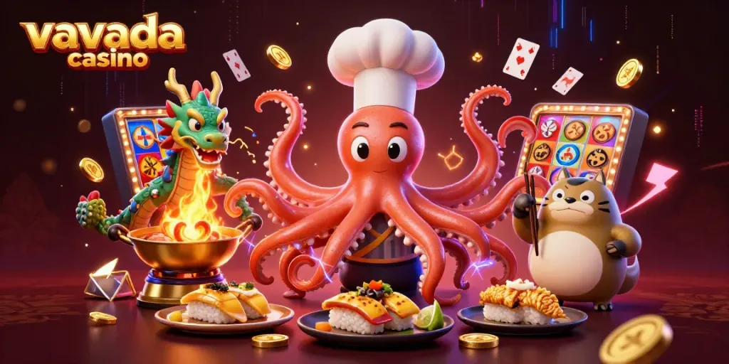 Experience excitement at vavada casino with this vibrant 3D illustration of characters enjoying classic games and dishes.