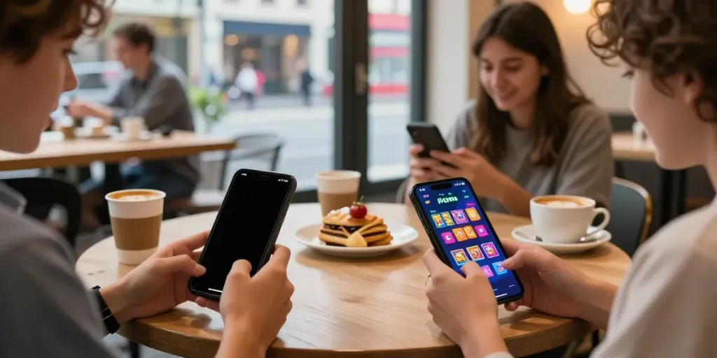 Engaging user playing Yono Arcade mobile game at café with vibrant atmosphere.
