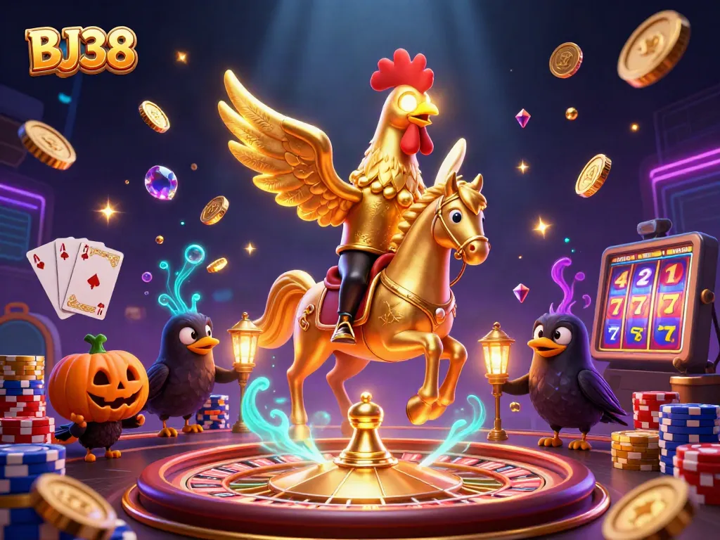 BJ38 showcases a golden rooster and spectral horse amid a vibrant casino scene full of excitement.