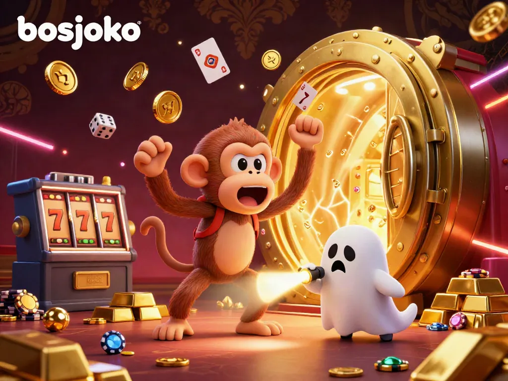 Experience the excitement of bosjoko with a mischievous poltergeist monkey juggling gold in a vibrant casino scene.