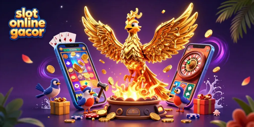 Experience thrilling slot online gacor with a golden phoenix illustrating jackpots and winning energy in a vibrant casino scene.