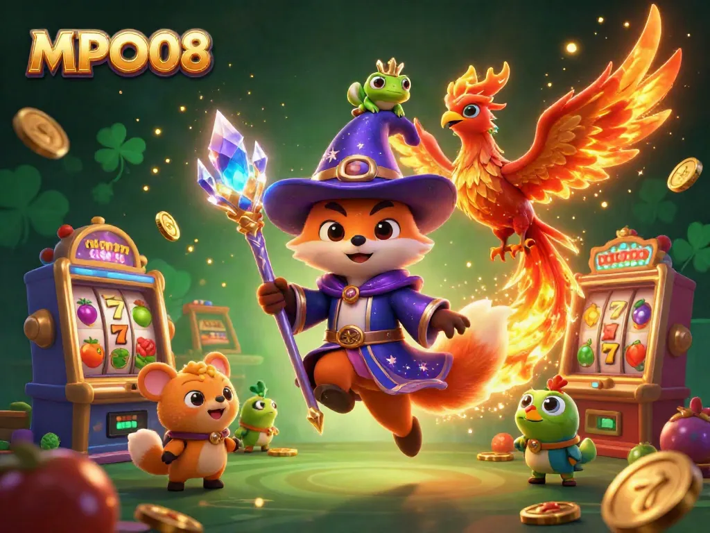 Engage with the magical MPO08 casino experience showcasing a wizard fox surrounded by casino elements.