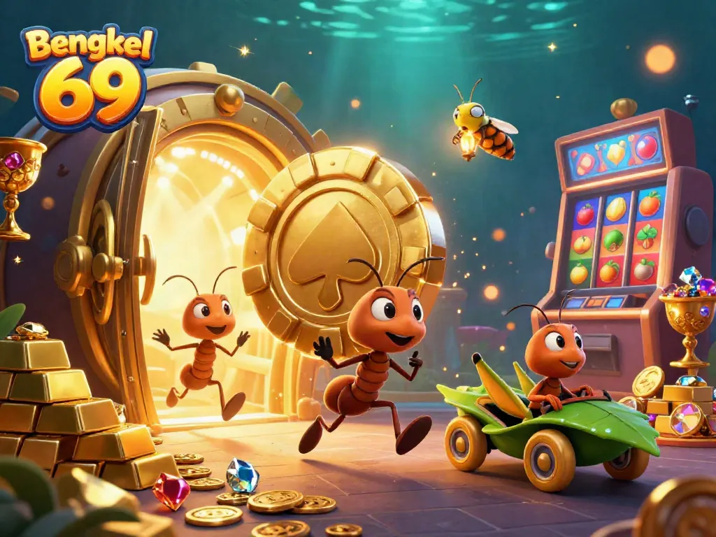 Bengkel 69 ants steal a giant casino chip with vibrant gold treasures surrounding them.