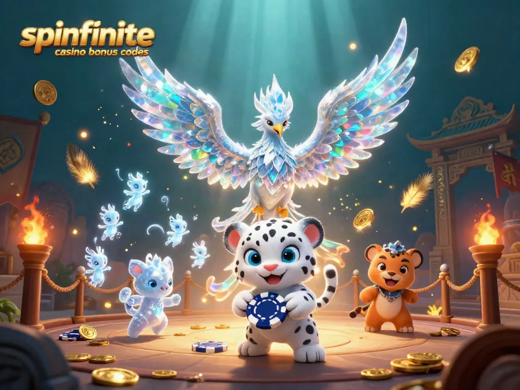 Discover spinfinite casino bonus codes with an ice phoenix and a snow leopard playing in a vibrant scene.