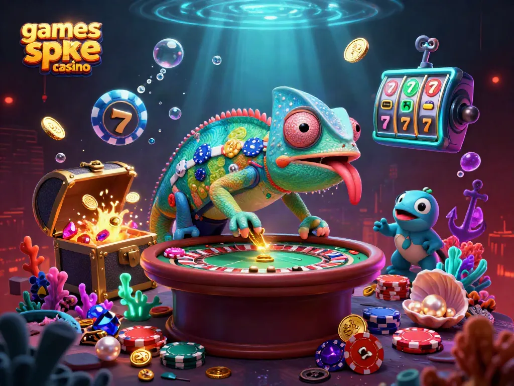 Engage with games like spree casino featuring a vibrant 3D chameleon owner surrounded by treasure and slots.